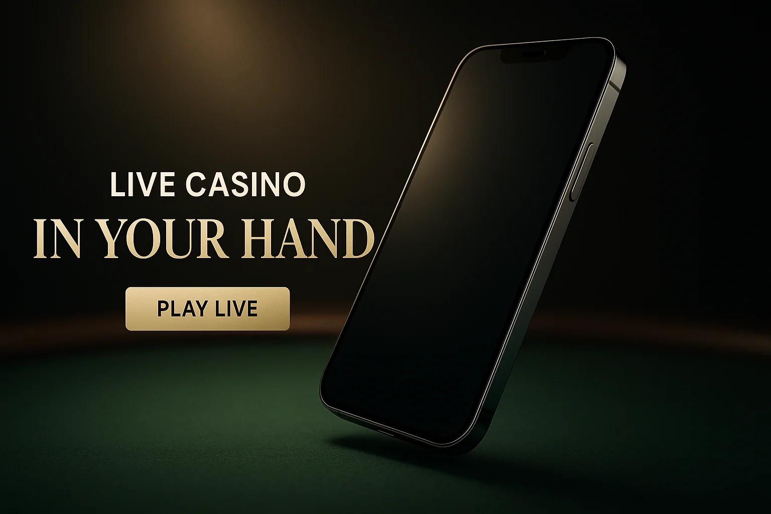 Photorealistic premium live casino banner with floating smartphone and gold CTA