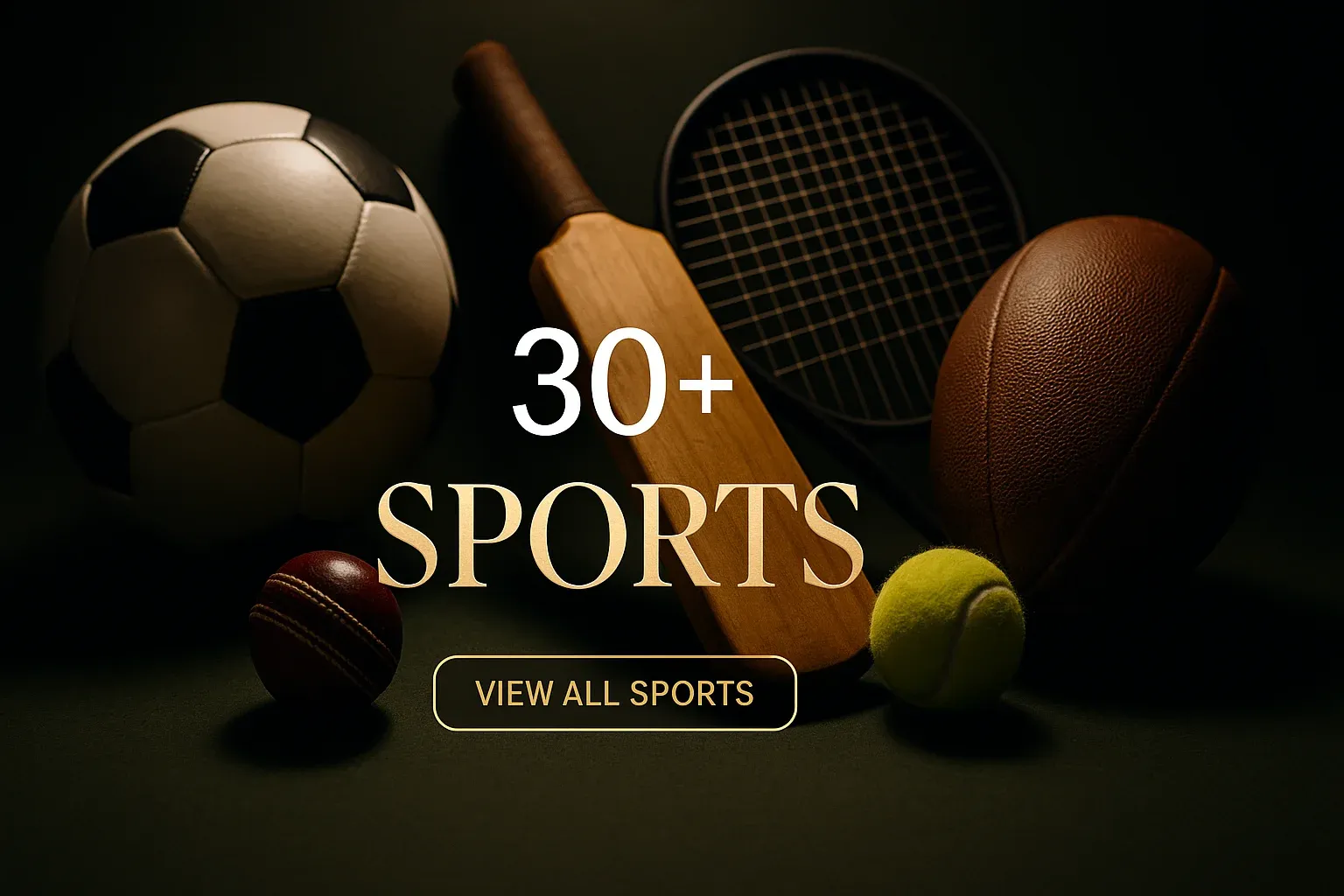 Photorealistic British sports betting banner with football, cricket, tennis and rugby
