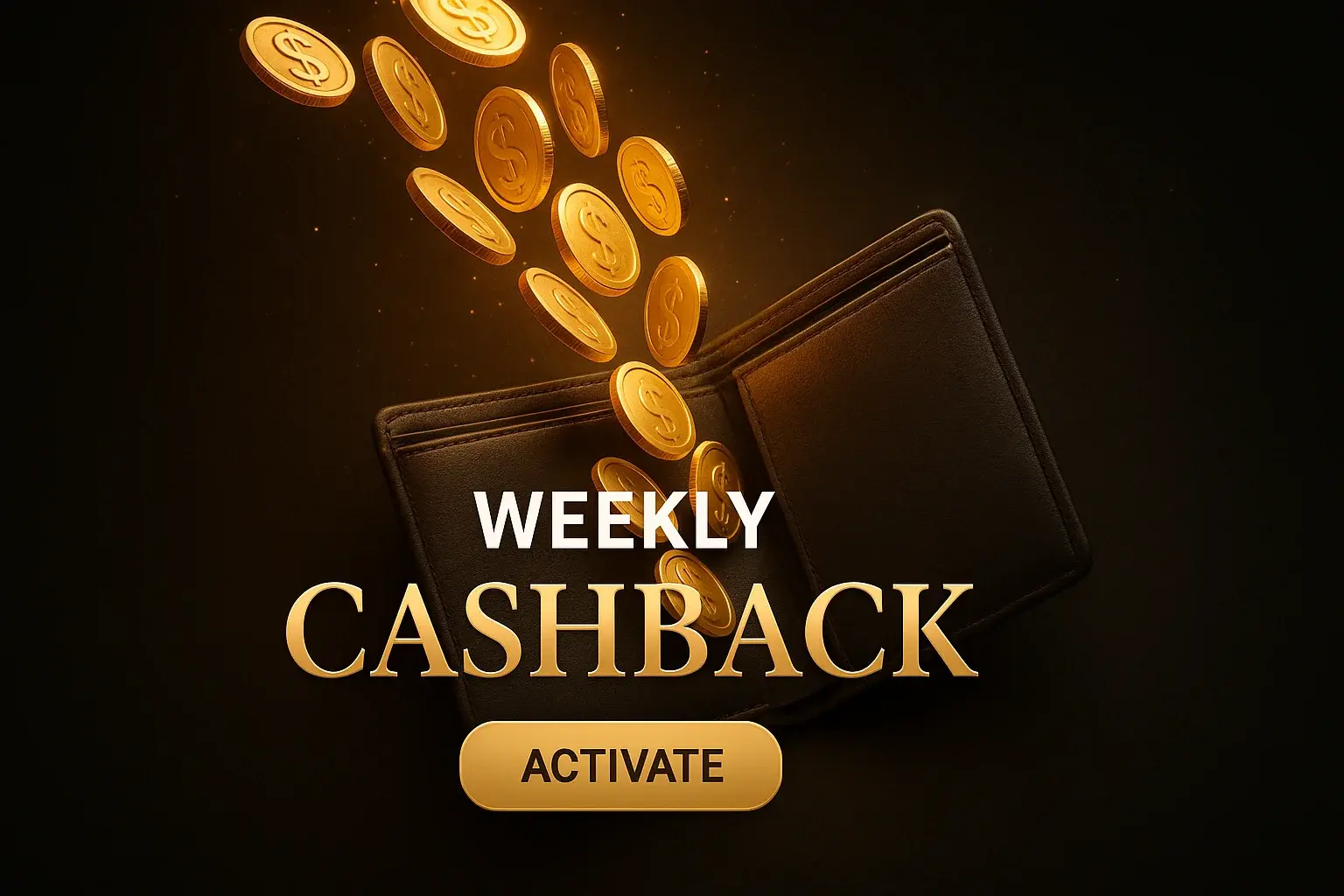 Photorealistic weekly cashback casino banner with gold coins and luxury wallet