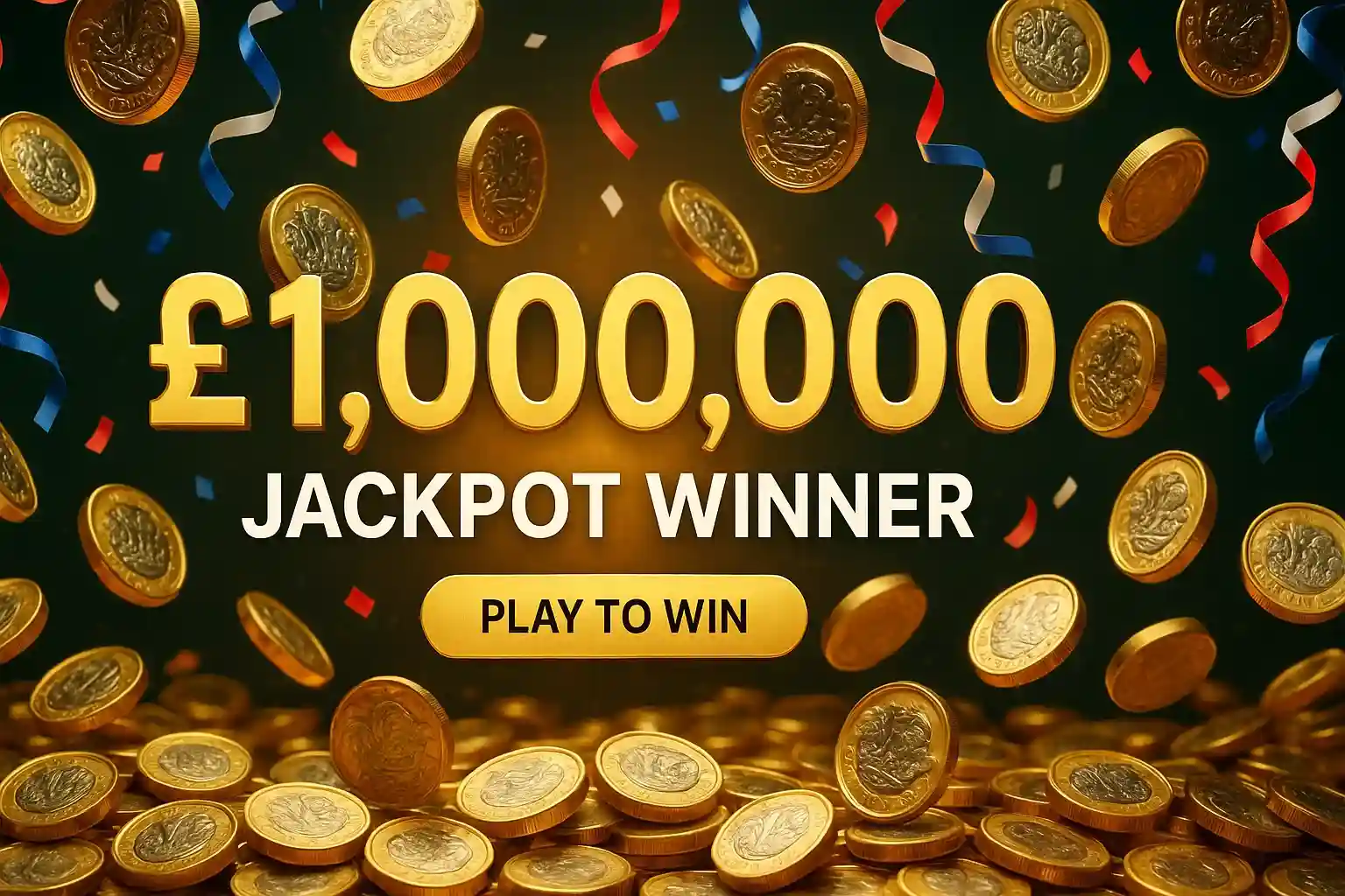 Photorealistic casino banner with gold pound coins, confetti and £1,000,000 jackpot text