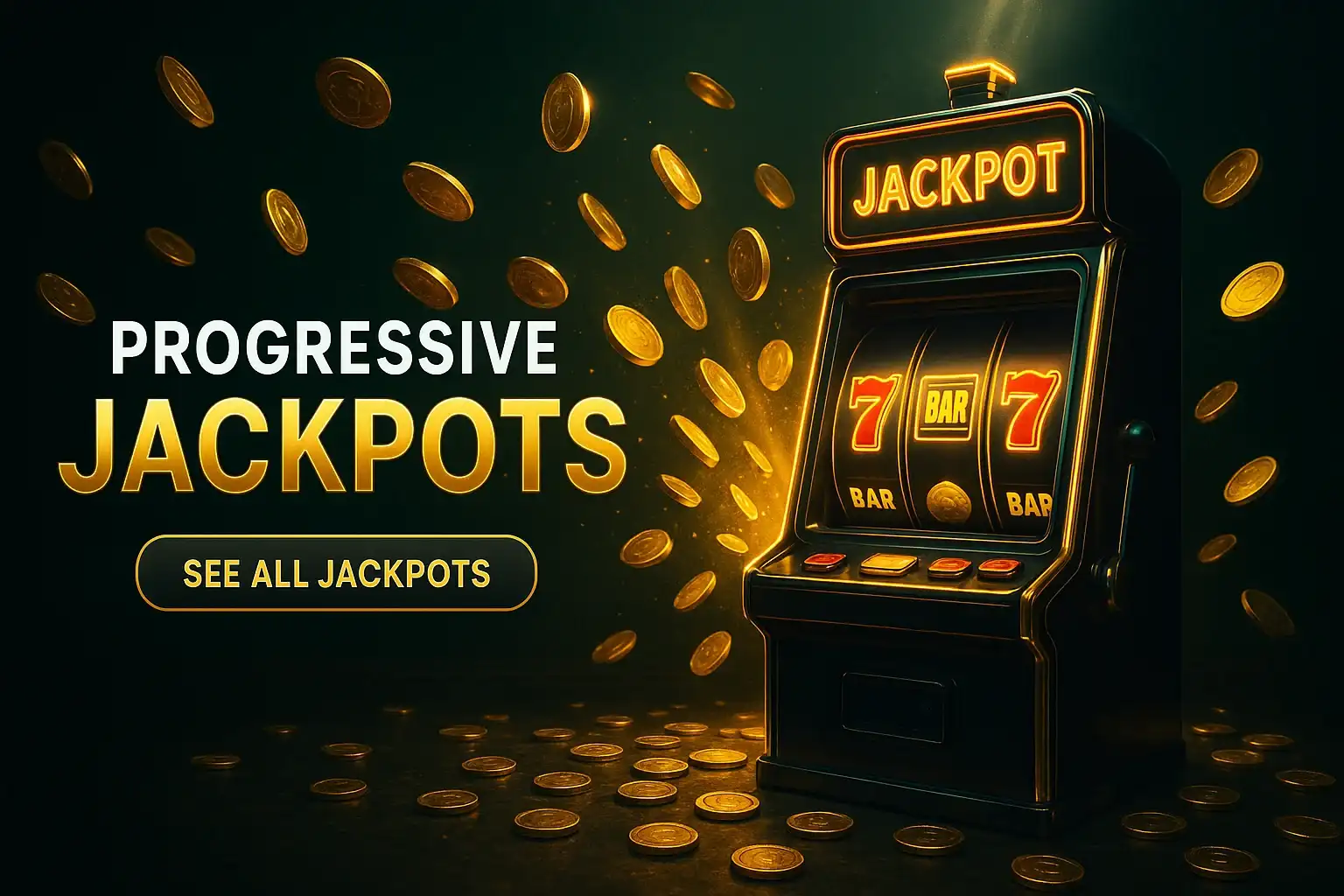 Photorealistic progressive jackpots casino banner with gold coins and slot machine