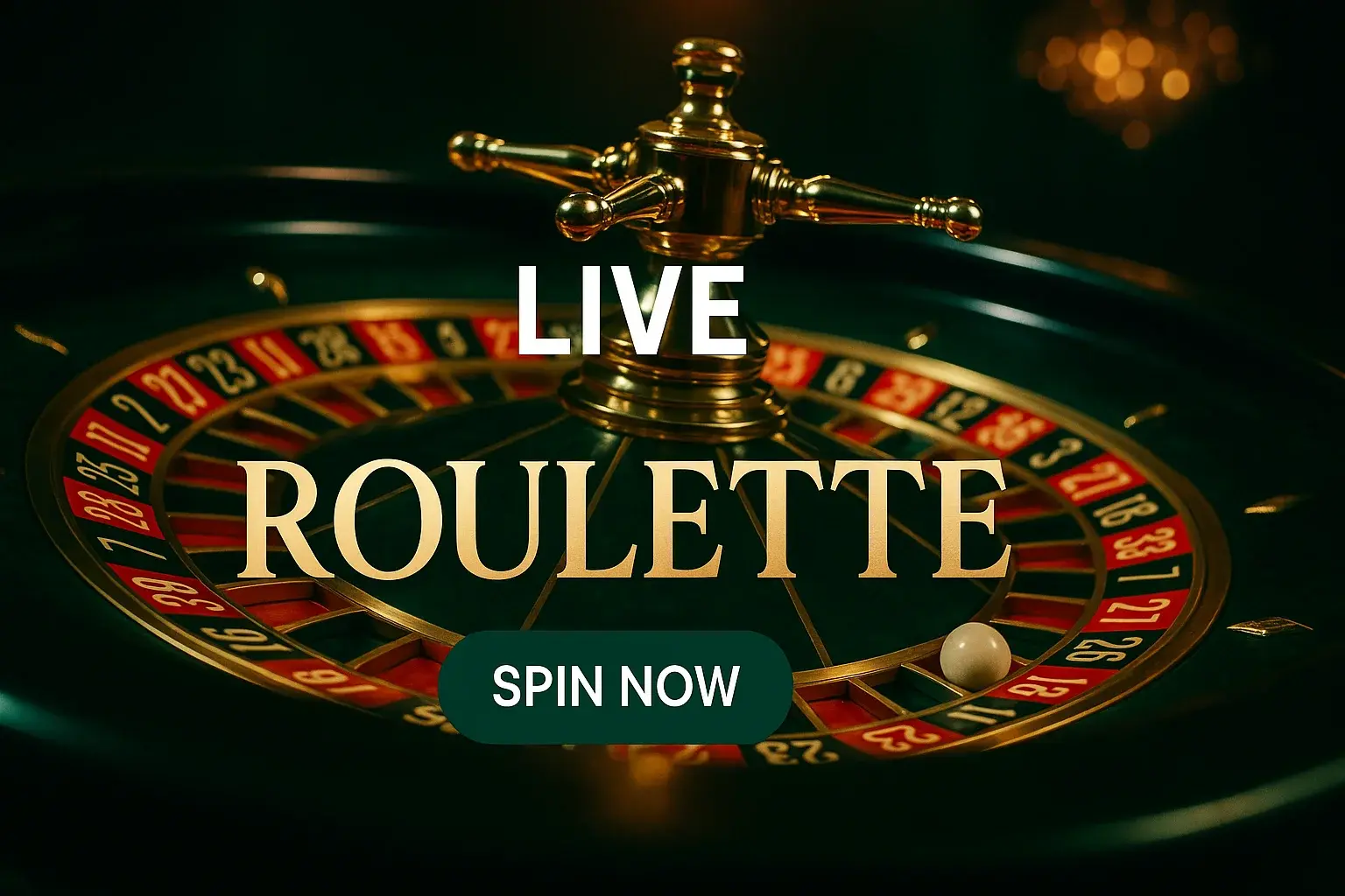 Photorealistic live roulette banner with spinning wheel, gold numbers and CTA