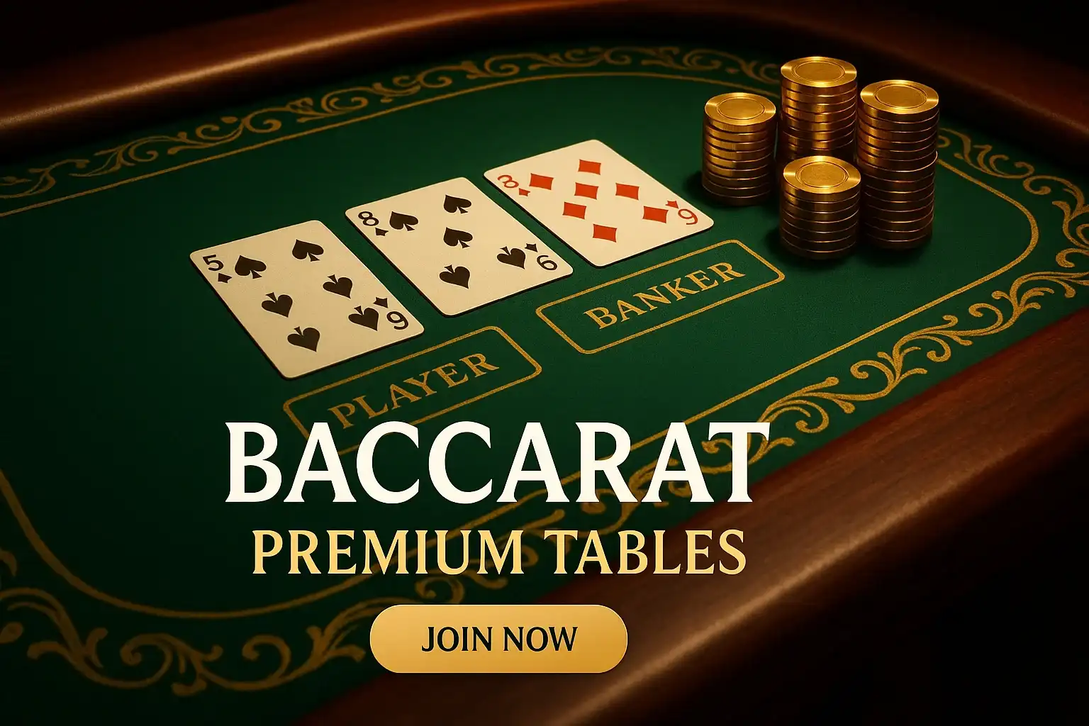 Photorealistic green and gold baccarat table banner with premium cards and chips